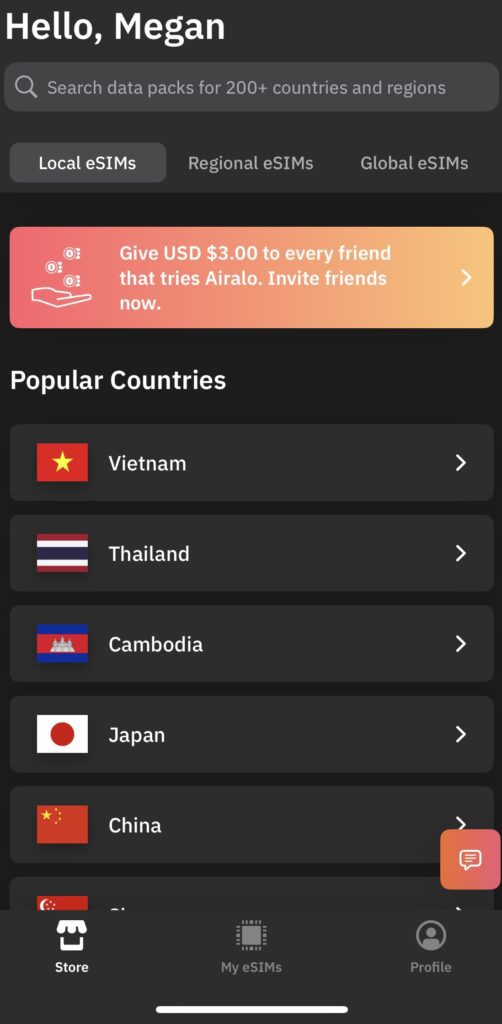 Airalo App homepage
