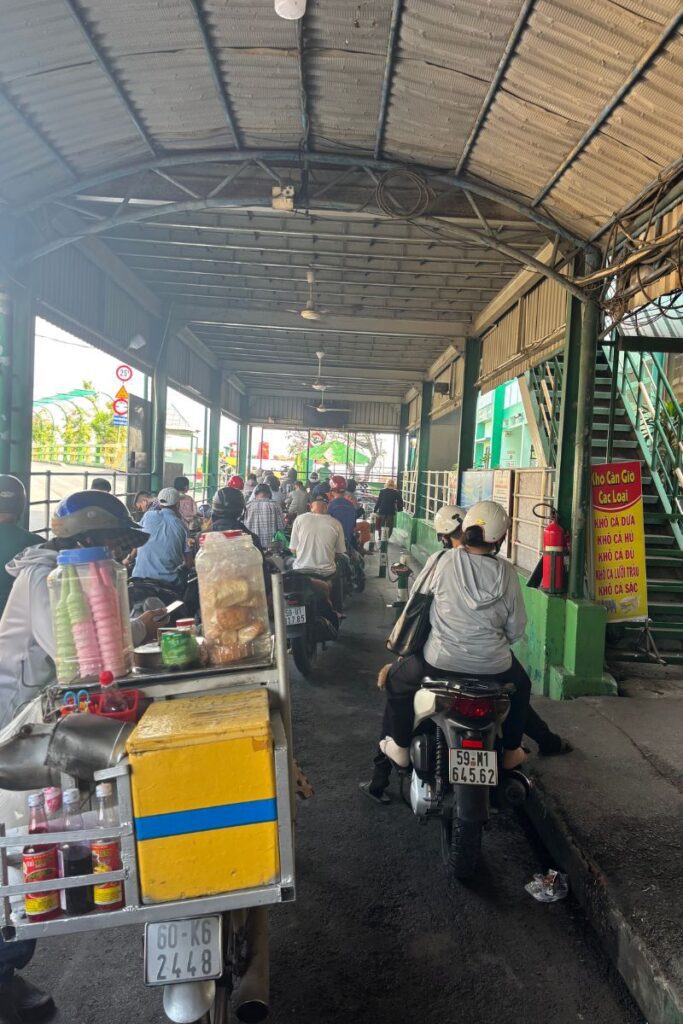 Motorbikes lined up at the ferry terminal from Ho Chi Minh City to Can Gio, the route taken when visiting Monkey Island HCMC.