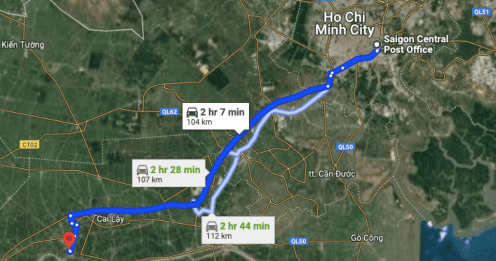 Map showing the driving routes from Ho Chi Minh City to Cai Be Vietnam, highlighting estimated travel times ranging from about 2 to 3 hours depending on the route.