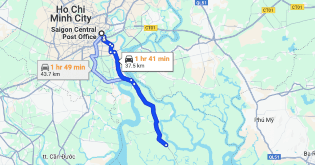 Google Maps route showing a 1 hour 41 minute drive from Ho Chi Minh City to Monkey Island HCMC, highlighting the travel distance and directions.