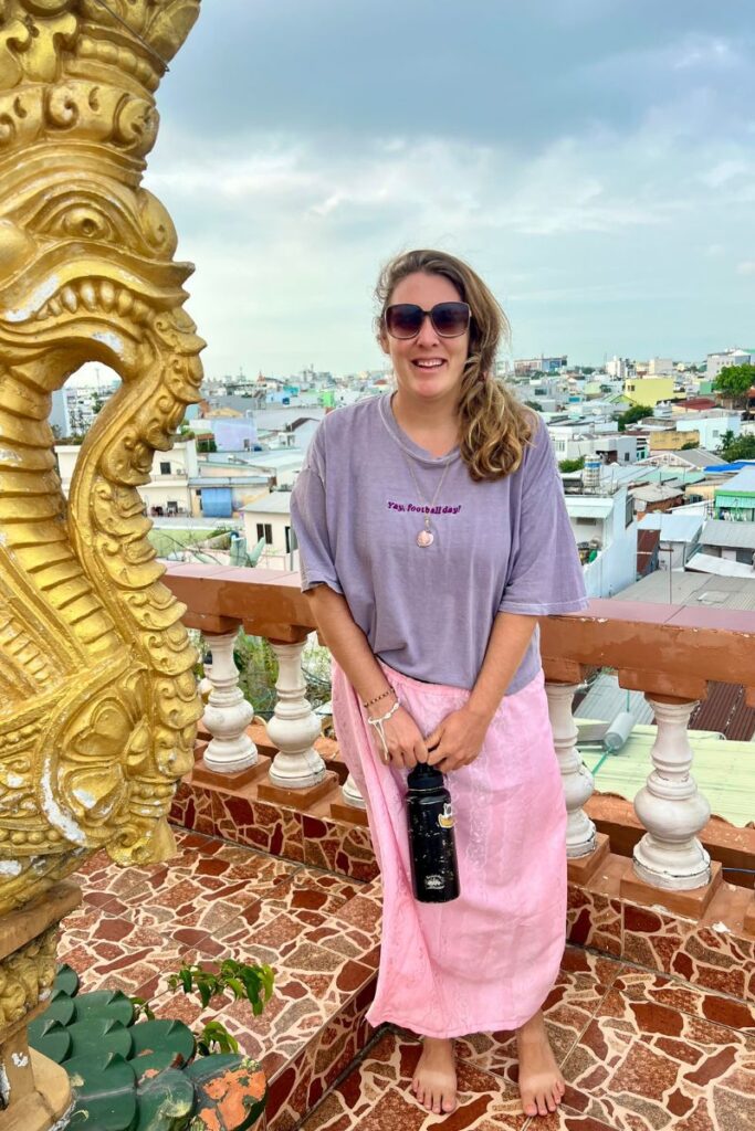 View overlooking Can Tho from the colorful rooftop of Pitu Khosa Rangsay Pagoda, a peaceful cultural attraction in the city.