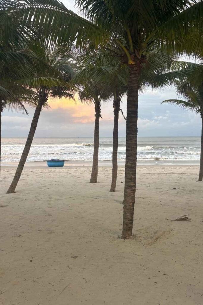 Palm trees frame a quiet beach in Da Nang at sunset with a small blue boat in the distance, perfect for travelers exploring the best things to do in Da Nang and other Da Nang city activities.