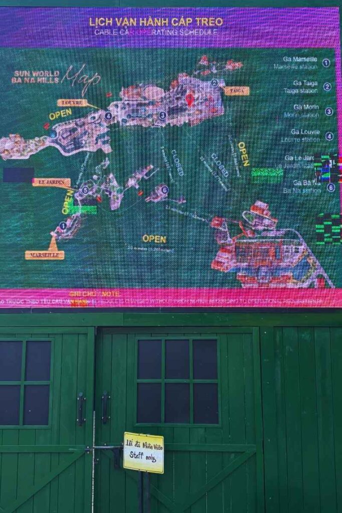 Map of Sun World Ba Na Hills showing cable car stations, walking paths, and labeled areas like Marseille, Le Jardin, and Fantasy Park.