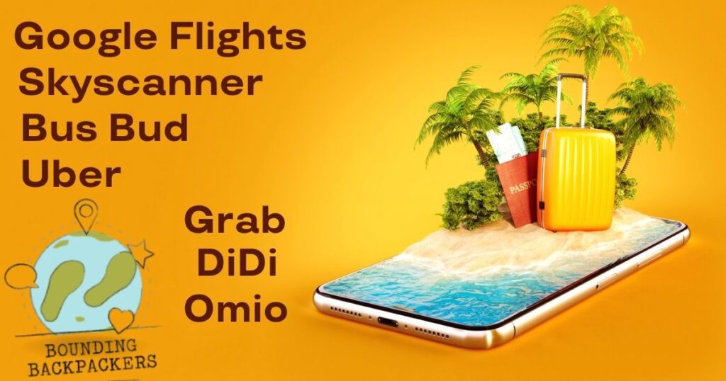 Illustration of a smartphone with a tropical beach scene on its screen, featuring palm trees, a passport, and a yellow suitcase, symbolizing mobile travel. On the left, a list of travel apps—Bus Bud, Uber, Grab, DiDi, and Omio—appears next to the Bounding Backpackers logo. Perfect visual for a blog about the best travel apps.