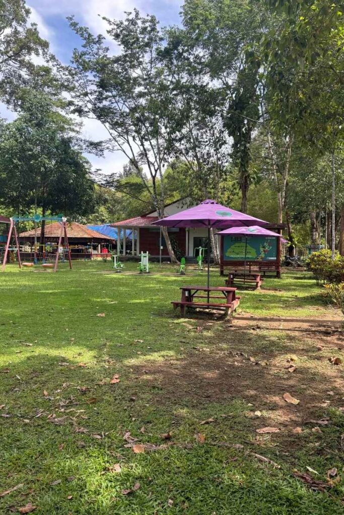 Shady picnic area with swings, gym equipment, and purple umbrellas outside a rustic guesthouse inside Cát Tiên accommodation grounds.