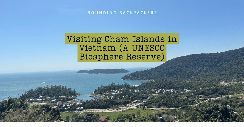 Panoramic view of Cham Islands Vietnam with a small village nestled between forested hills and the sea, highlighting its status as a UNESCO Biosphere Reserve.