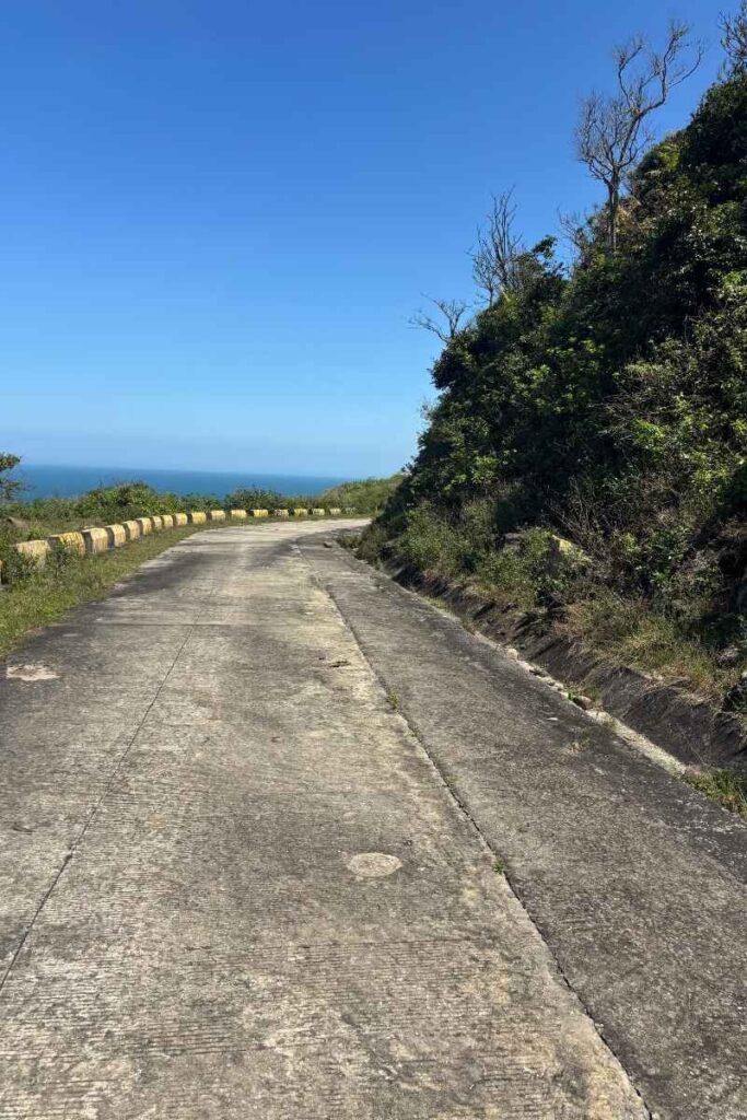 Concrete road curving along a hillside on Cu Lao Cham, with ocean views in the distance and lush greenery on either side.